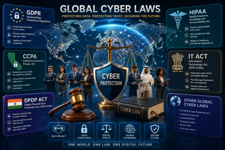 Global cyber laws infographic showing GDPR, HIPAA, IT Act, DPDP Act and worldwide cybersecurity regulations on digital world map