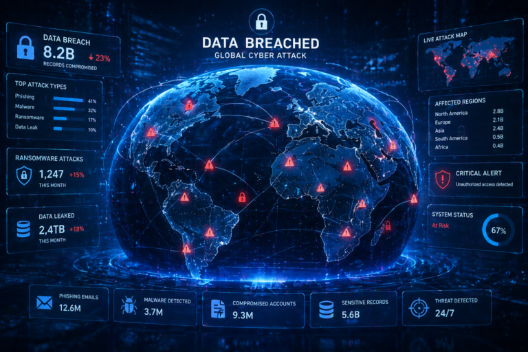 Global data breach visualization showing cyber attacks, ransomware, phishing, and hacked systems across a digital world map with security alerts.