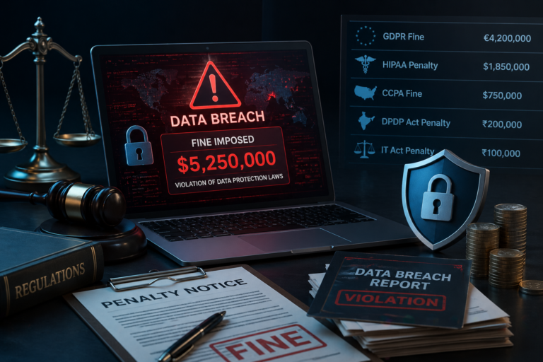 Global cybersecurity data breach penalty concept showing laptop alert, legal scales, lock shield, and fines under GDPR, HIPAA, CCPA, DPDP and IT Act laws.