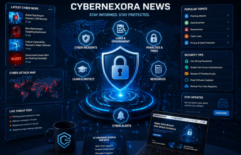 Futuristic 3D cybersecurity dashboard showing global cyber threats, data breach alerts, security tips, and real-time cyber news updates with digital protection shield.