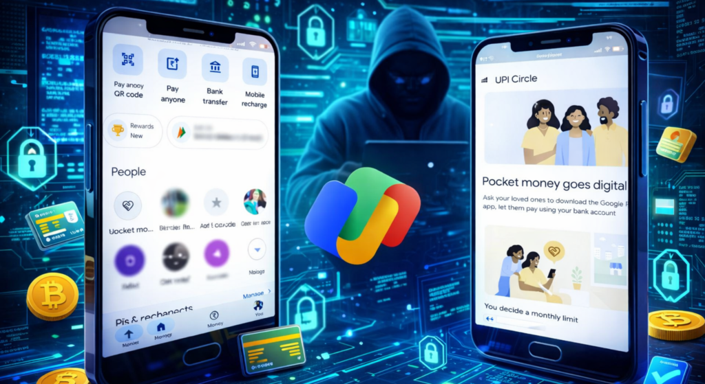 Google Pay Pocket Money feature on smartphones with hacker background