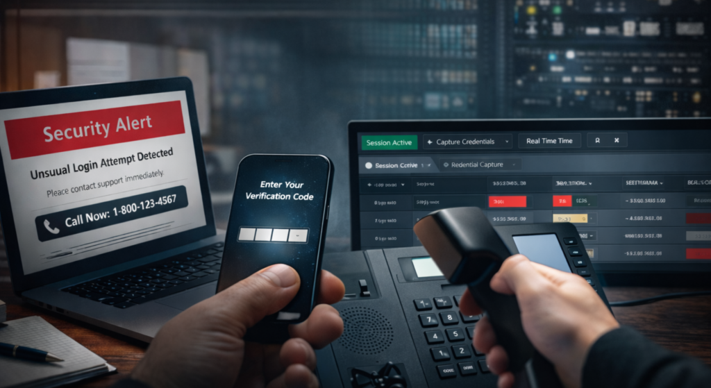 AI voice phishing scam shown on laptop with fake email and call alert
