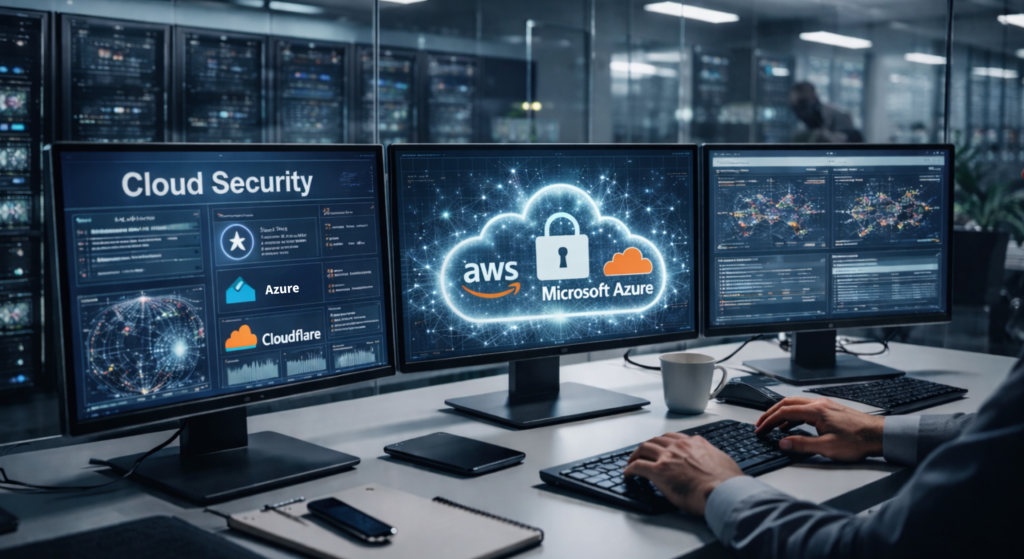 Cloud security monitoring dashboard with AWS, Microsoft Azure, and Cloudflare in a modern data center environment