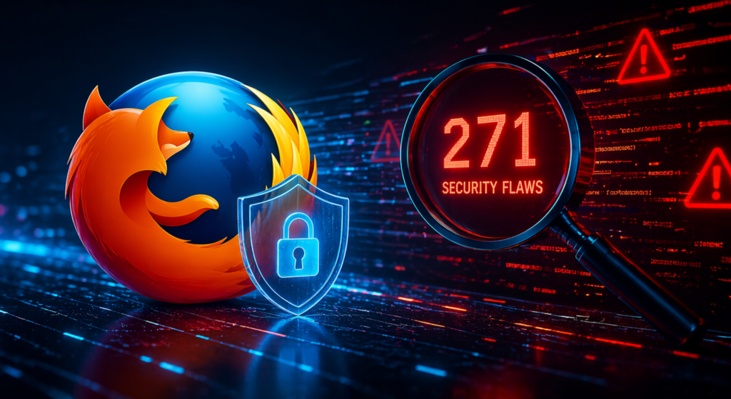 Firefox security vulnerabilities AI scan 3D illustration showing cyber threats and browser security flaws detection