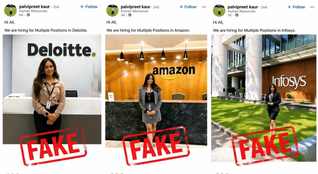 Fake LinkedIn job posts with company logos marked as scam targeting job seekers