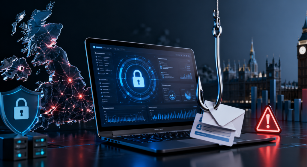 uk cybersecurity phishing attack concept laptop phishing hook email scam london skyline cyber threat visualization