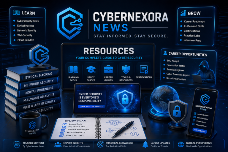 CyberNexora News cybersecurity resources 3D image with learning paths, career guides, and digital security tools
