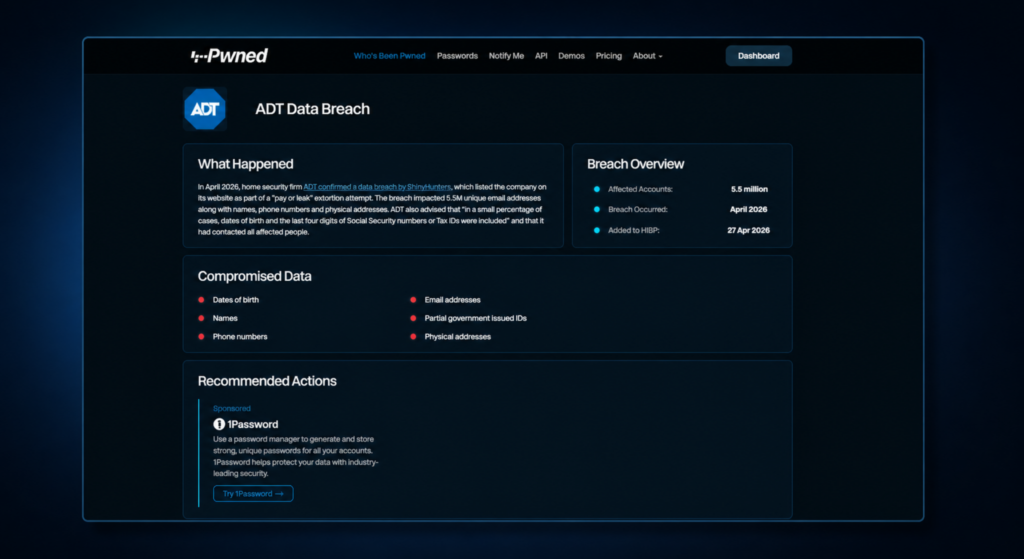 adt data breach dashboard screenshot haveibeenpwned dark interface customer data leak security breach visualization
