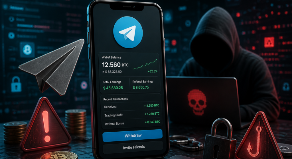Telegram Mini Apps scam visual with fake crypto earnings dashboard and cybersecurity threat concept
