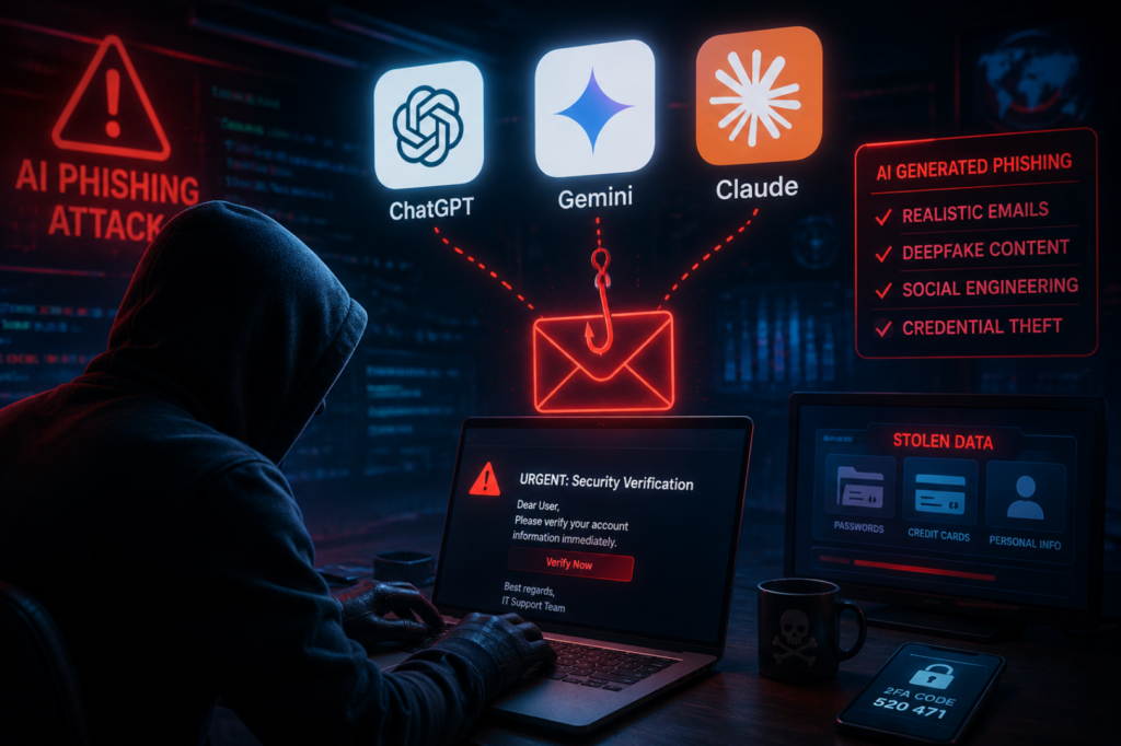 Professional cybersecurity workspace showing AI-generated phishing attack detection using ChatGPT, Gemini, and Claude tools on computer screens.