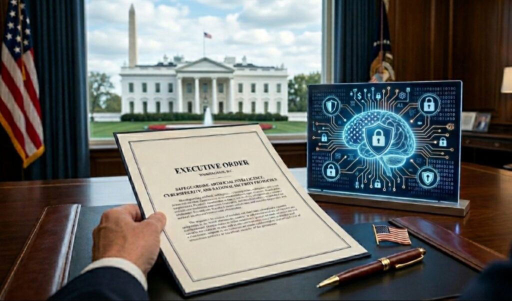 AI Security Order framework illustrating AI-powered cybersecurity protection for critical infrastructure