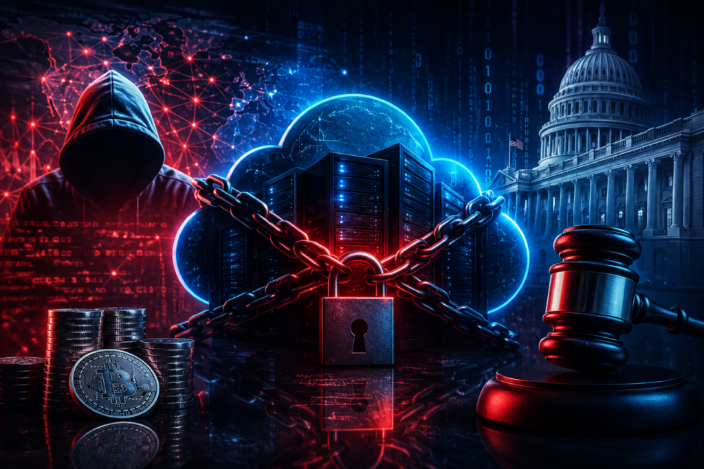 Huione Cloud Seizure illustration showing DOJ action against a cybercrime and cryptocurrency fraud network