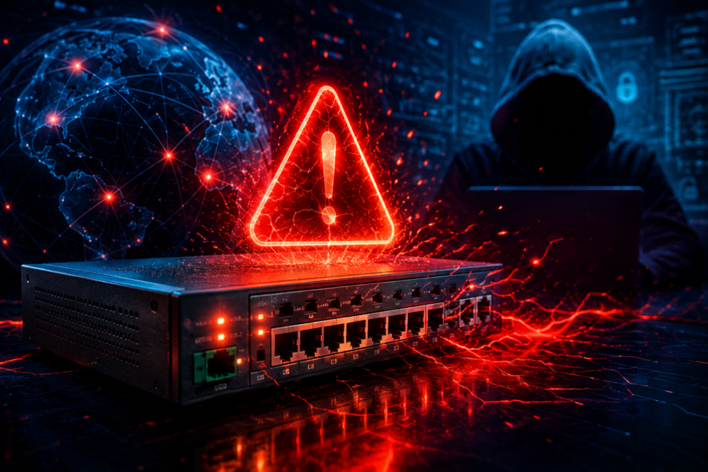 Illustration of the Lantronix EDS5000 Flaw showing a network device under active cyberattack.