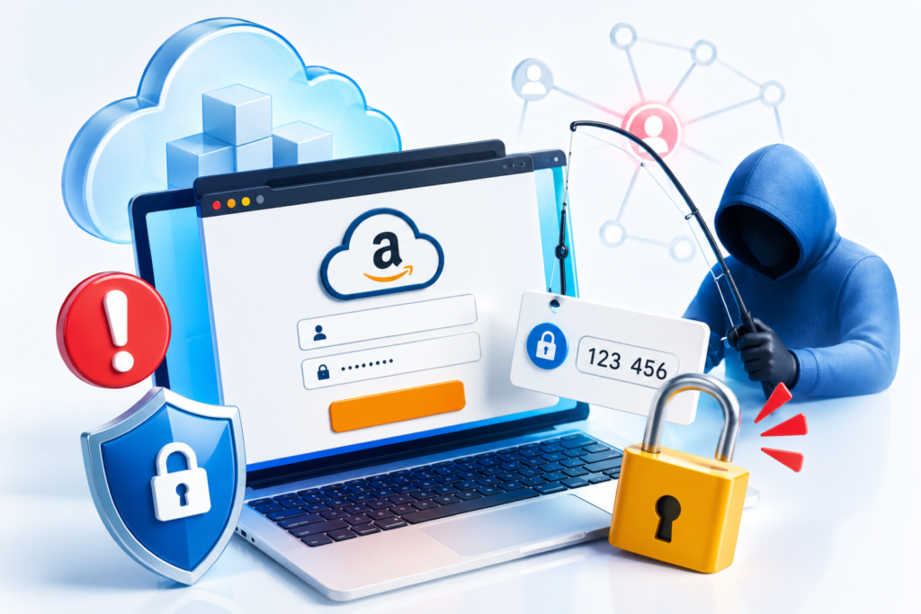 Illustration showing the AWS AiTM Phishing Kit intercepting AWS console credentials and MFA codes in real time.
