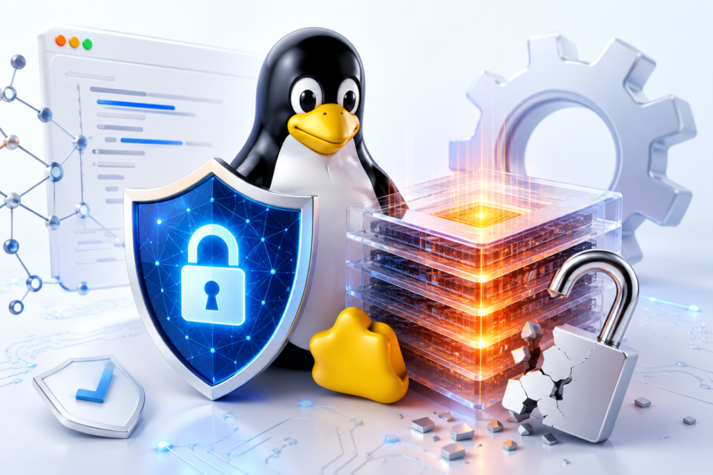 Pedit COW Exploit illustration showing a Linux kernel privilege escalation attack through poisoned cached binaries.