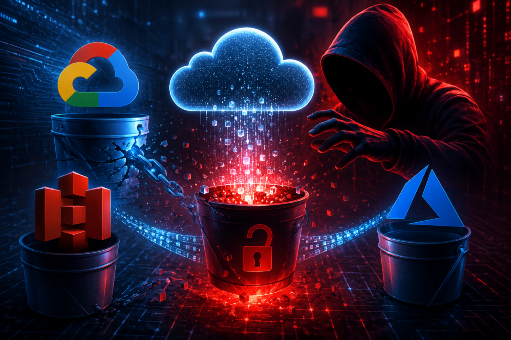Bucket Hijacking Attack illustration showing cloud data streams being redirected to attacker-controlled storage buckets