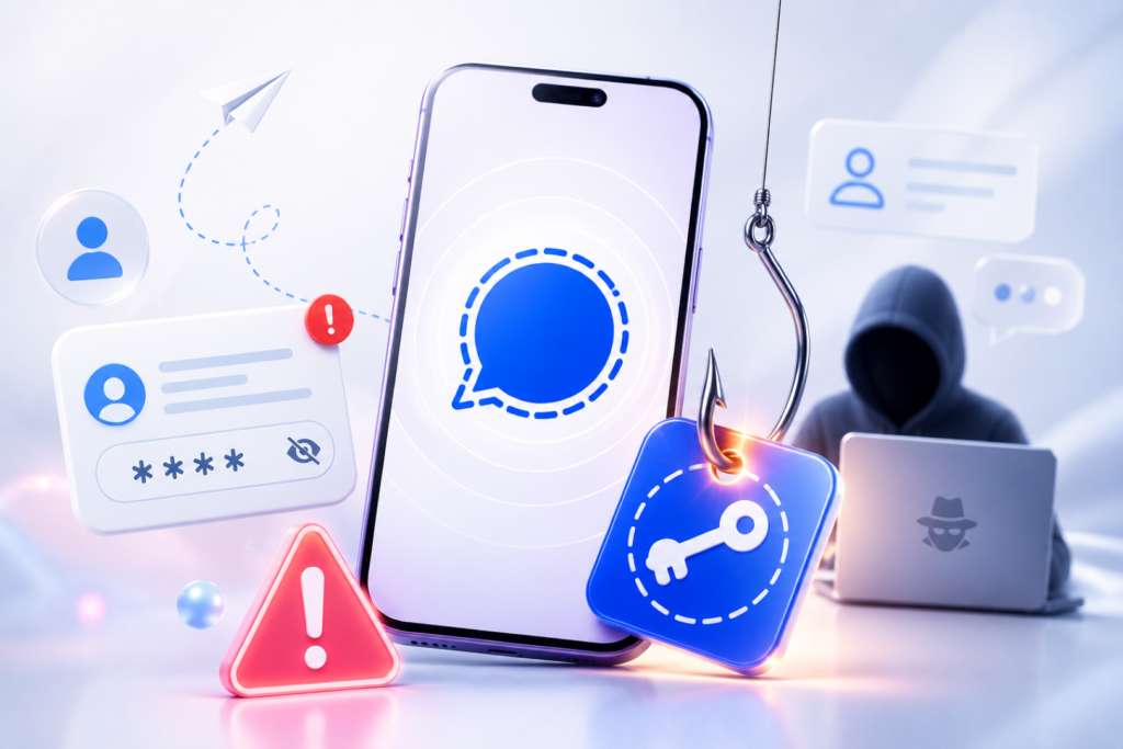 Signal Backup Recovery Key Phishing illustration showing a smartphone targeted by phishing attackers stealing backup credentials
