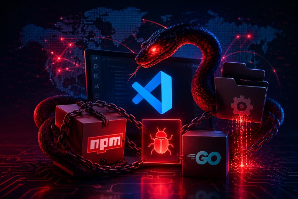 VS Code Infostealer Attack illustration showing hijacked npm and Go packages delivering malware through Visual Studio Code.