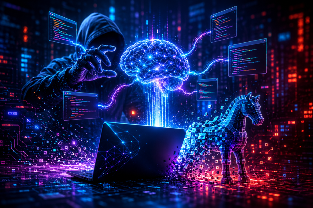 LLM-Generated Mythic Agents concept showing AI creating autonomous cyber implants
