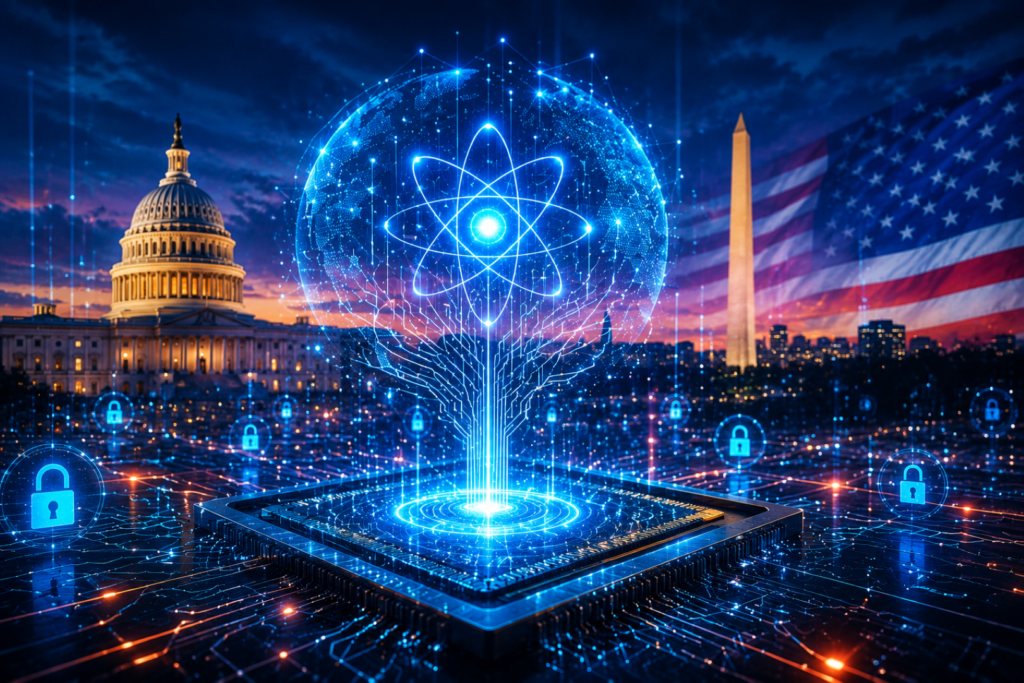 Post-Quantum Cybersecurity concept showing U.S. government digital infrastructure and quantum-safe cyber defense