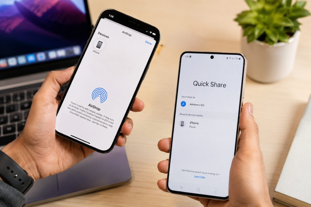 AirDrop Quick Share Flaws showing Apple iPhone and Android Quick Share wireless file transfer