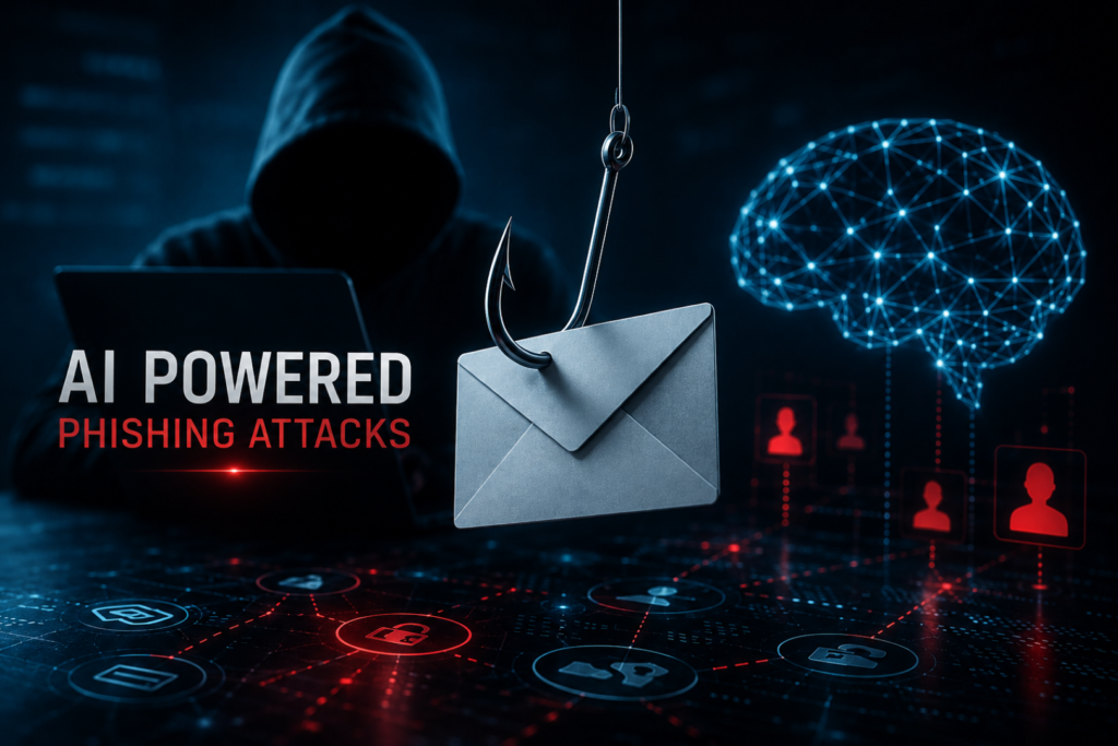 AI-Powered Phishing Attacks 2026: 8 Critical Defense Tips Illustration of AI-Powered Phishing Attacks 2026 showing AI-generated phishing emails, fake login pages, and voice-cloning scams targeting users