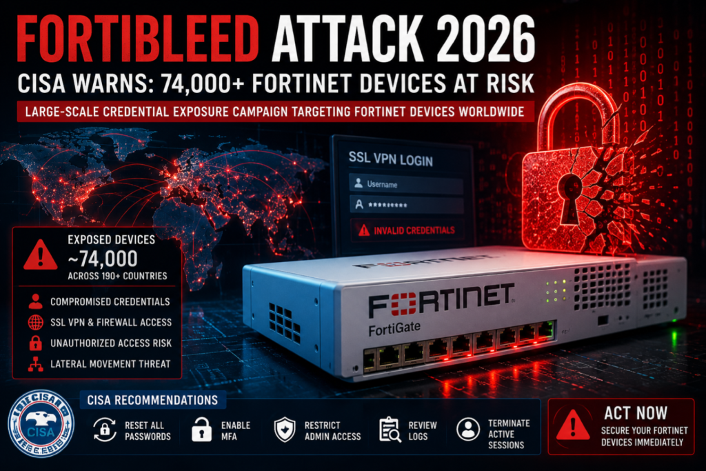 FortiBleed Attack 2026: CISA Warns on 74,000 Devices FortiBleed Attack 2026 warning showing Fortinet firewall devices targeted in a global credential exposure campaign