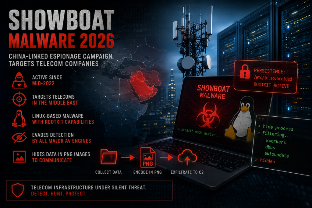 Showboat Malware 2026 cyber espionage campaign targeting telecom companies in the Middle East