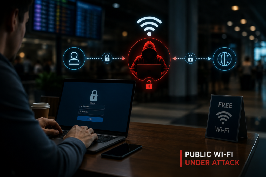 Man-in-the-Middle Attacks: Stay Safe on Public Wi-Fi Illustration showing Man-in-the-Middle Attacks targeting users on a public Wi-Fi network.