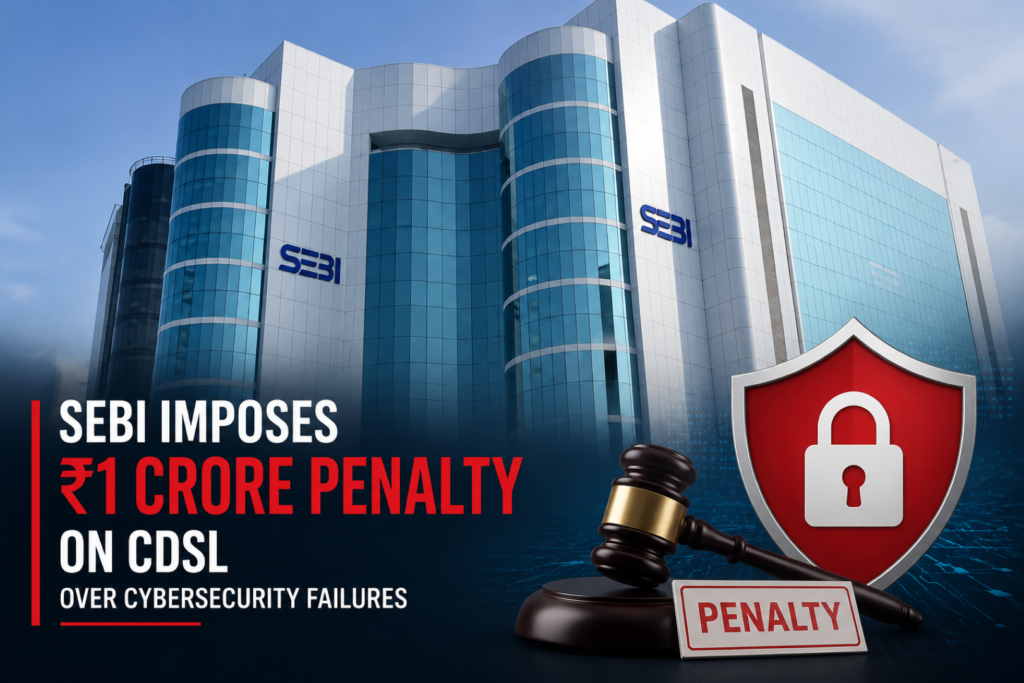 Illustration showing the CDSL cybersecurity penalty imposed by SEBI after the 2022 malware attack.