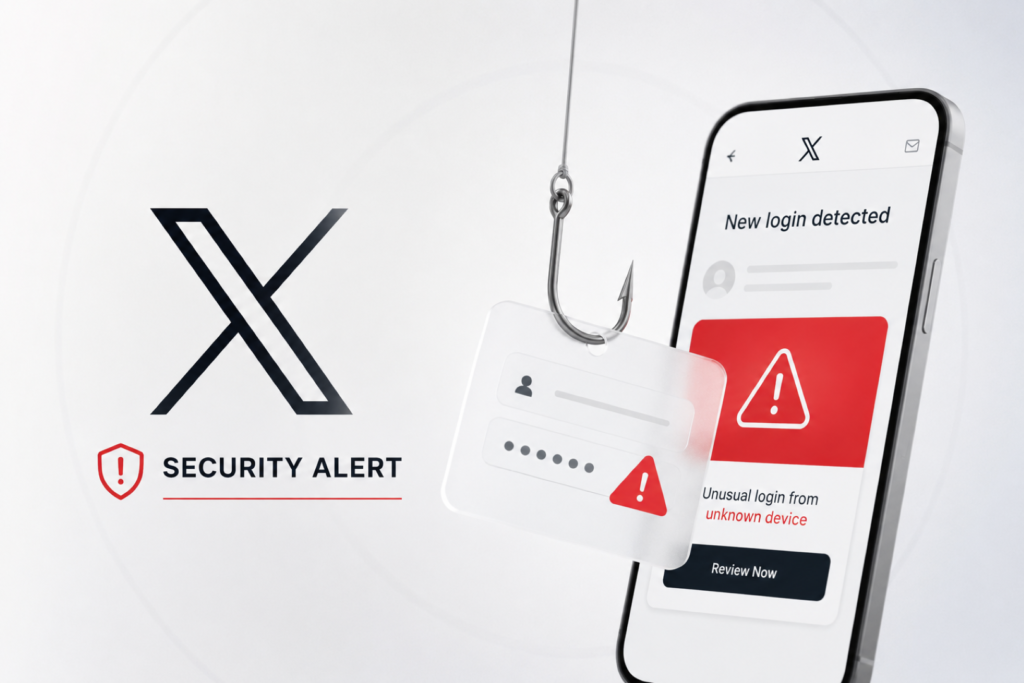 X Security Alert Phishing Scam warning targeting users with fake login emails.