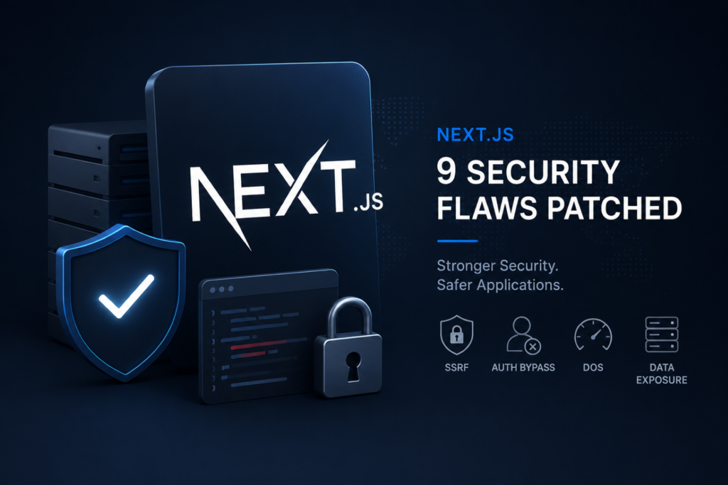 Next.js Security Flaws: Vercel Fixes 9 Critical Bugs Illustration showing Next.js Security Flaws affecting SSRF, authentication bypass, and DoS vulnerabilities.