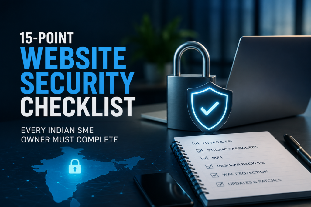 Business Website Security Checklist showing essential cybersecurity measures for Indian SMEs