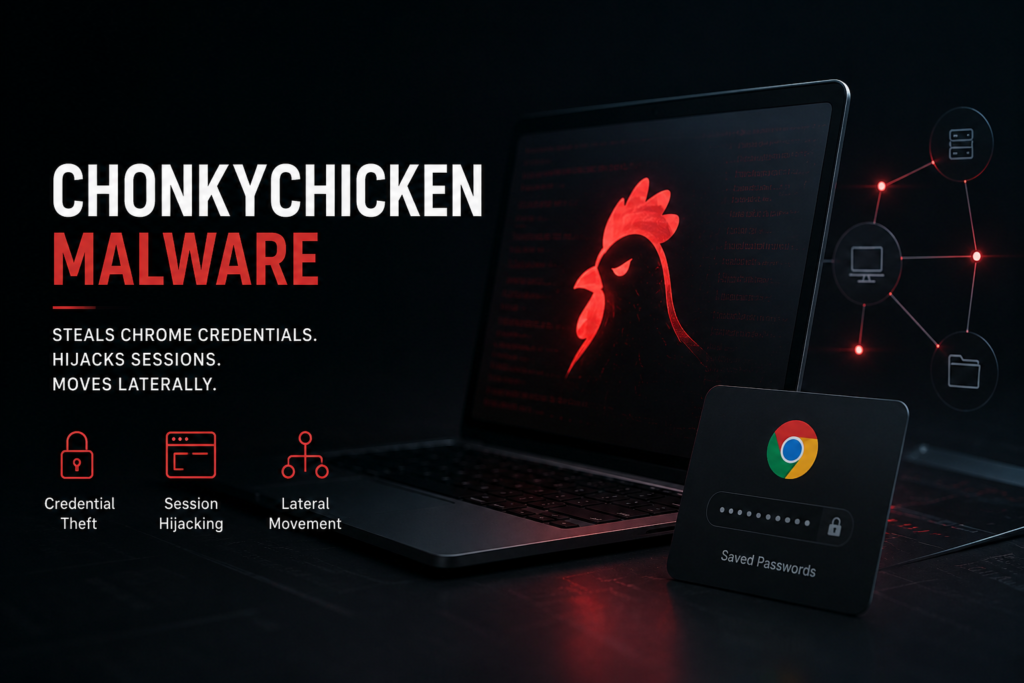 Illustration showing ChonkyChicken Malware stealing Chrome credentials and compromising enterprise systems.