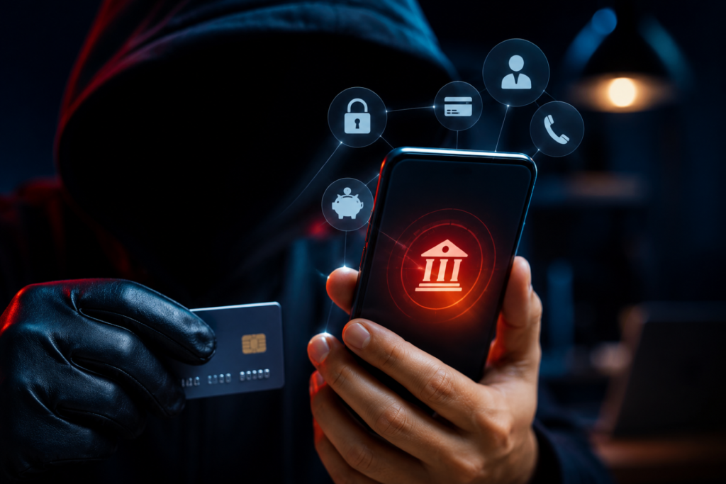 Illustration showing Mobile Banking Fraud Tricks such as QR scams, phishing, SIM swap, and fake KYC fraud.