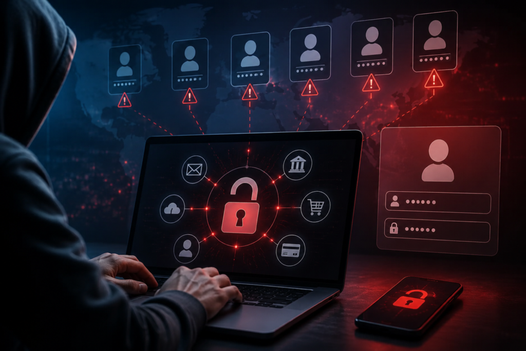 Credential Stuffing: Your Leaked Password Is Being Tested on Every Account You Own Right Now Credential Stuffing illustration showing automated bots testing leaked passwords across multiple online accounts.