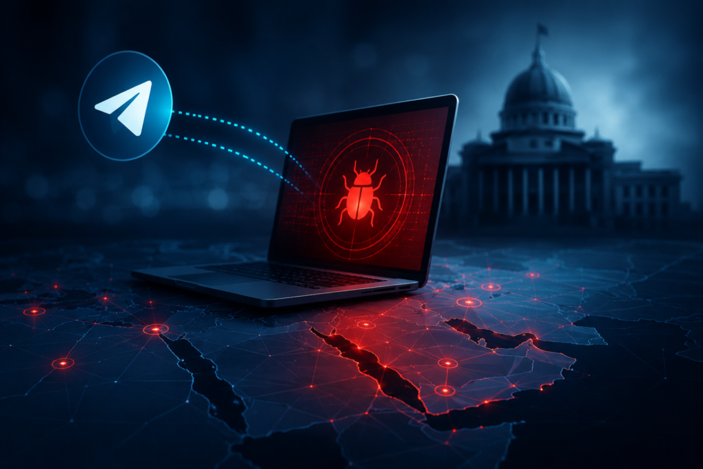 Attack flow showing TELESHIM Malware Campaign using Telegram API for command-and-control communications.