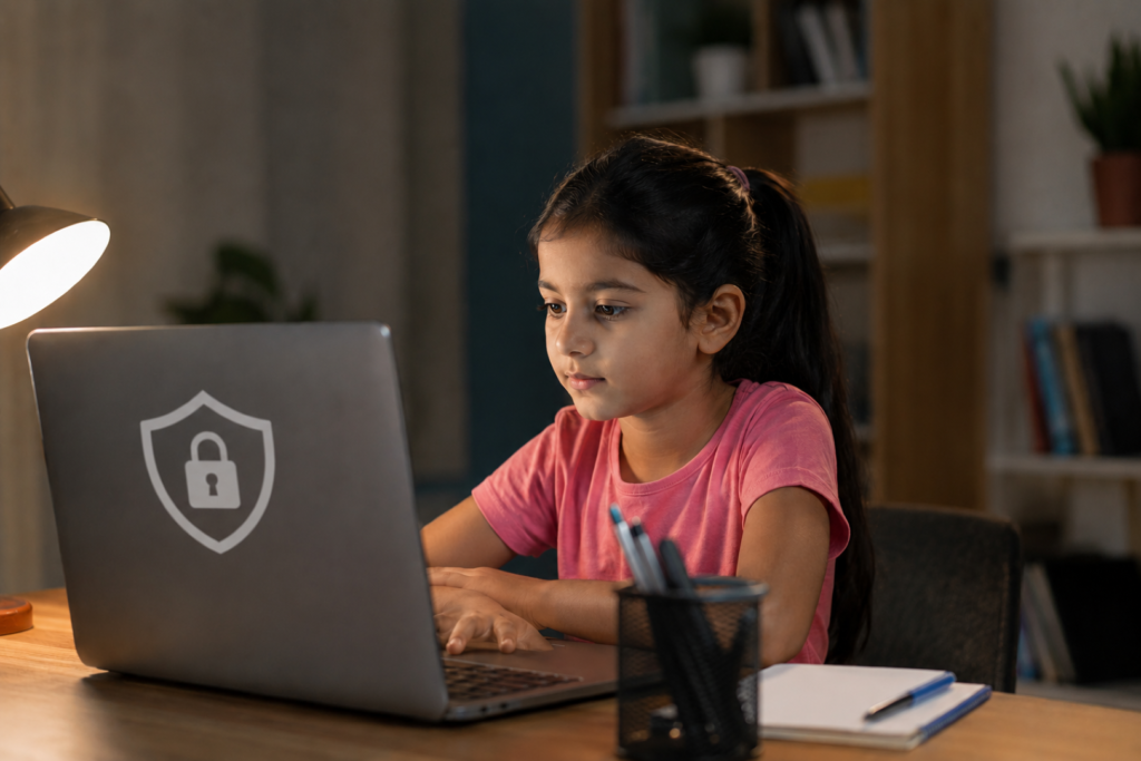 Child Online Safety India illustration showing a parent protecting a child from cyberbullying and online predators.