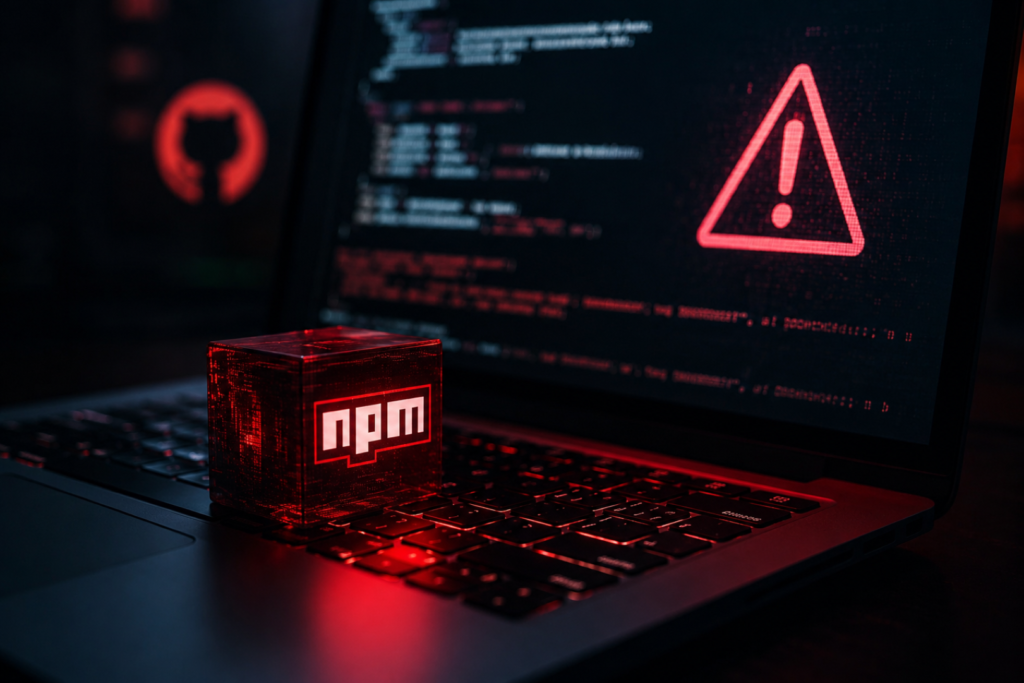 Alibaba npm Supply Chain Attack: Cross-Platform RAT Illustration of the Alibaba npm Supply Chain Attack targeting developers through malicious npm packages.
