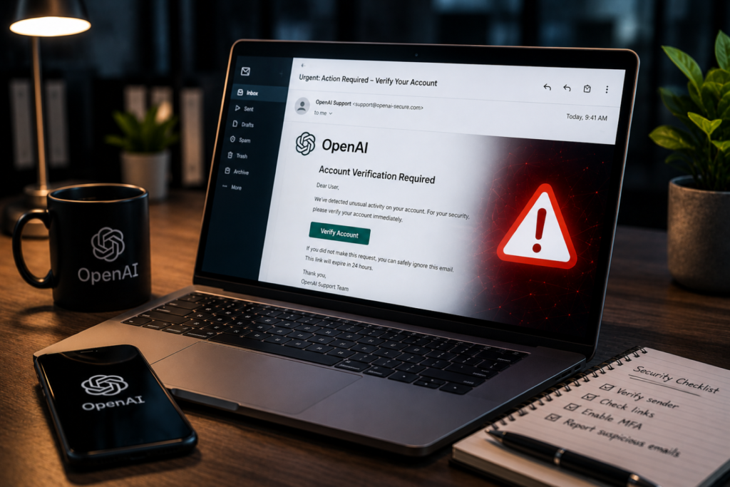 AI Phishing Emails showing a realistic phishing email targeting an OpenAI account on a laptop.