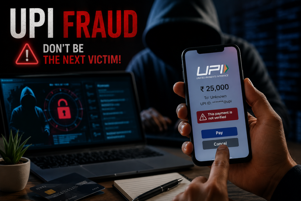 UPI Fraud illustration showing techniques and digital payment security tips for Indian users.