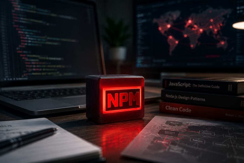 North Korea npm Packages attack illustration using fake Rollup polyfill libraries to steal developer credentials.