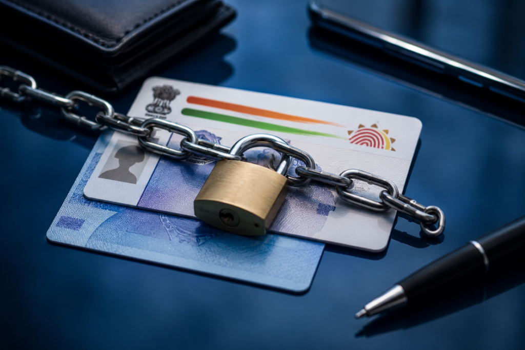 Aadhaar PAN Dark Web Leak illustration with identity documents appearing on dark web marketplaces.