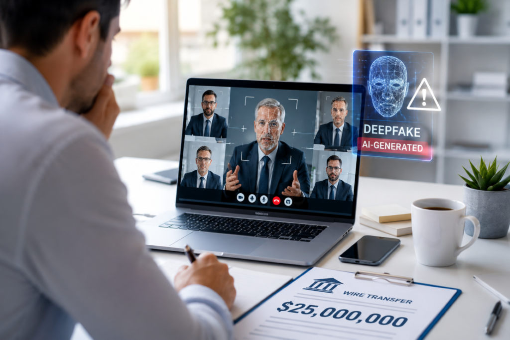 Deepfake Business Fraud: $25 Million Lost in AI Scam Deepfake Business Fraud using AI-generated executive video impersonation during a virtual meeting.
