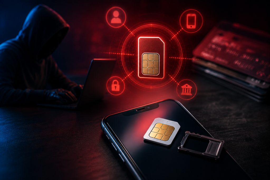 SIM Swap Fraud where a cybercriminal hijacks a victim's phone number to steal banking OTPs.
