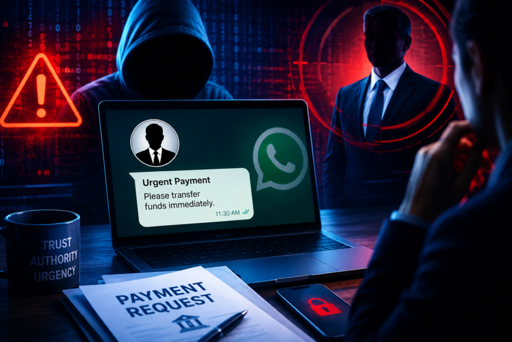 Illustration showing a CEO impersonation phishing attack targeting finance employees during the Boss Scam Warning.