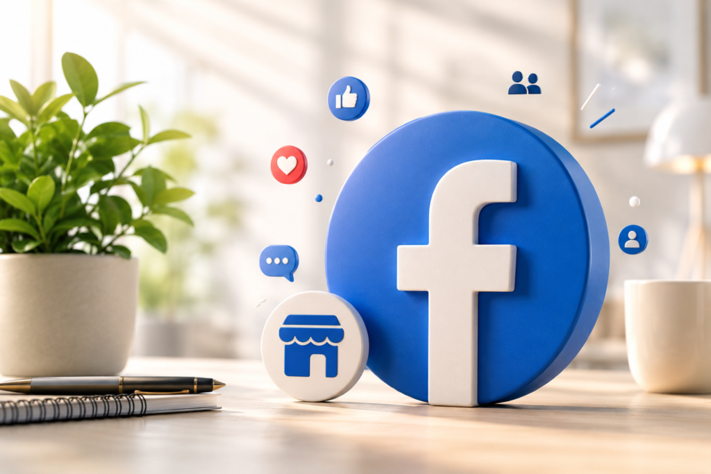 Illustration showing a Facebook Business Page Hacked incident with cybersecurity warning and account recovery process.