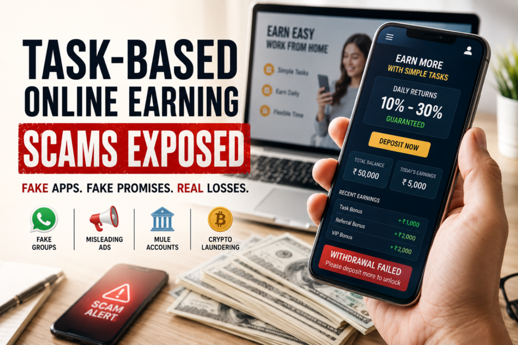 Illustration showing Task-Based Online Earning Scams using fake investment apps and cryptocurrency laundering.