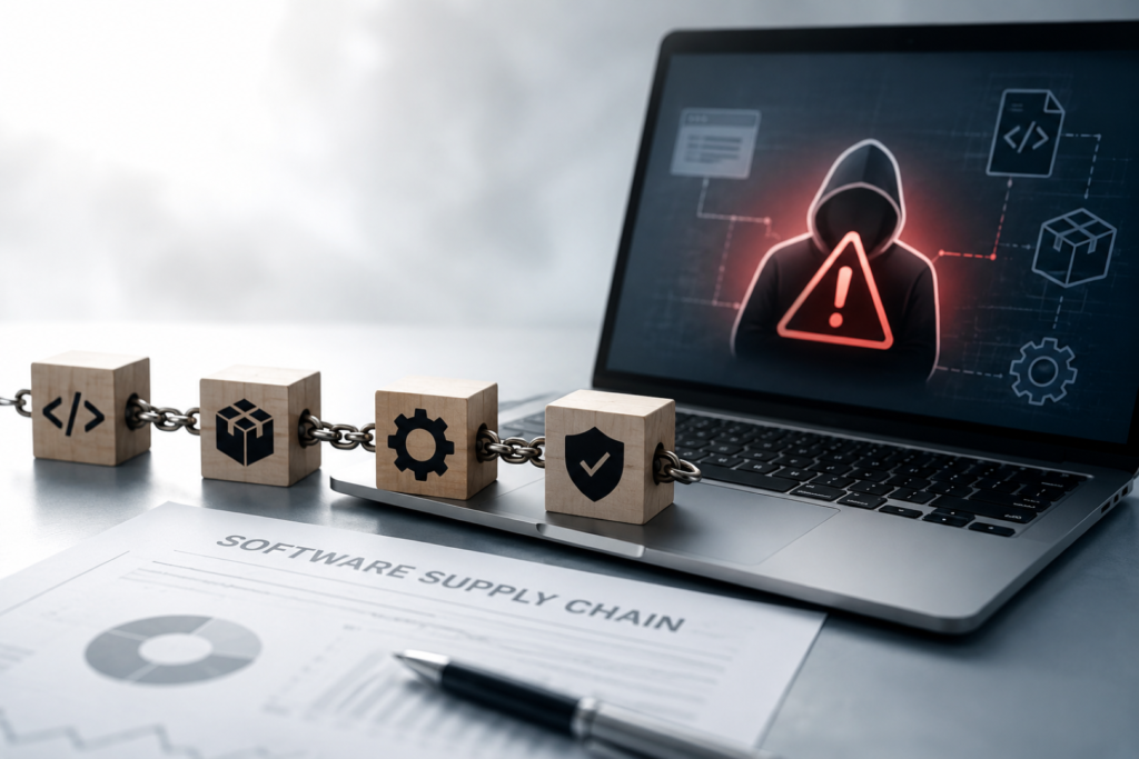 Illustration showing Supply Chain Attacks compromising trusted software updates