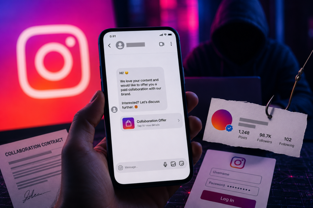 Illustration of Instagram DM Scams targeting influencers through fake brand collaboration messages.